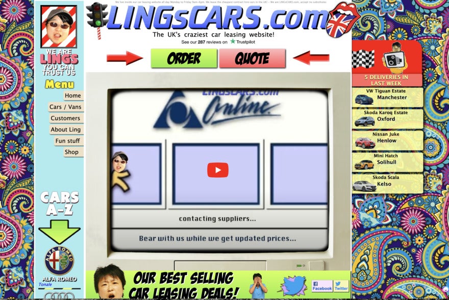 An extremely colorful and chaotic webpage for Ling's cars. It has paisley columns, a roulette wheel-looking thing in the middle, arrows, millions of cars and links and a couple of photos of Ling with encouraging slogans. It's madness.