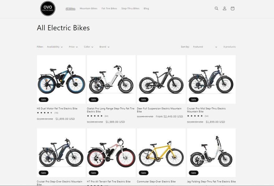 The Ovo Electric Bikes product page, showing eight bikes with black text and the price underneath.