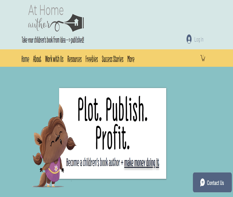 A screenshot of the At Home Author homepage, featuring black text and a cartoon wolf character.