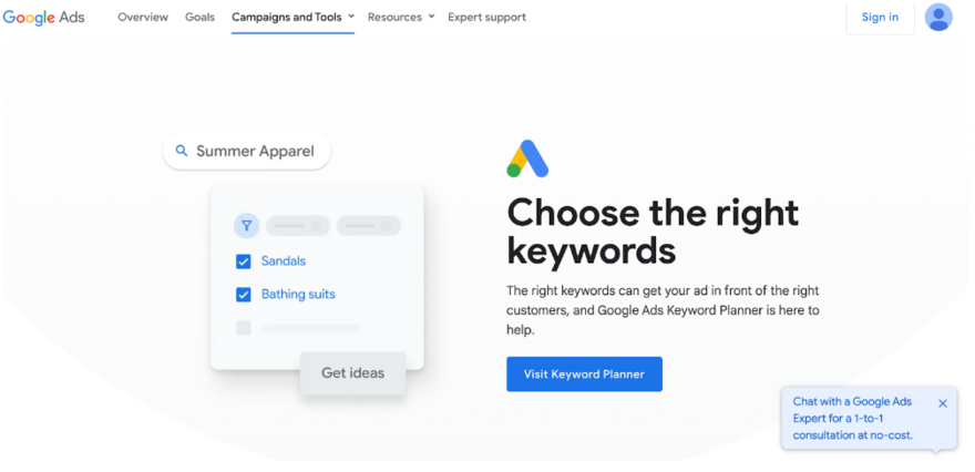 Homepage for Google keyword planner