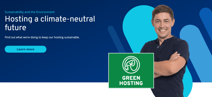 Big green badge on the IONOS homepage that says "Green Hosting."
