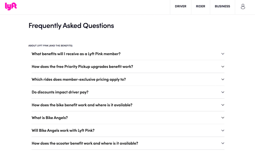 Lyft FAQ page example screenshot