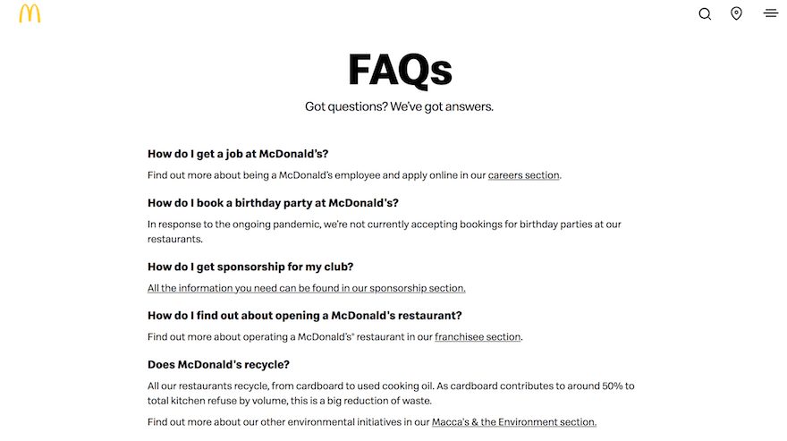 McDonalds FAQ page example screenshot