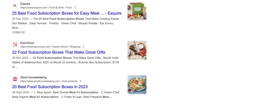 Organic SEO search results page for food subscription services
