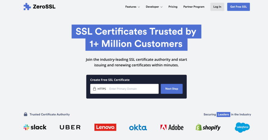 Homepage for Zero SSL