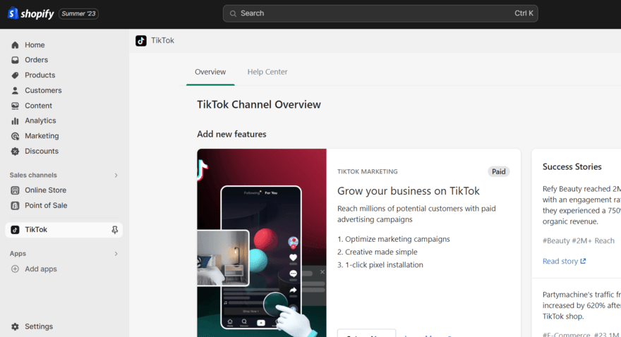 TikTok Shop dashboard in Shopify admin
