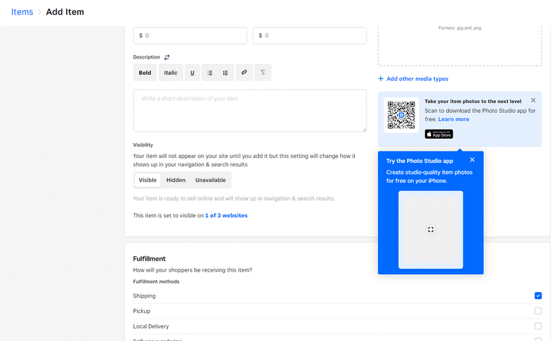 a dashboard screenshot of adding products, with a blue pop-out and a QR code