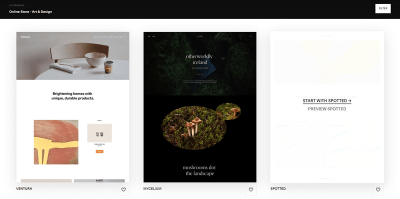 a trio of squarespace templates, with two light an done dark in the middle