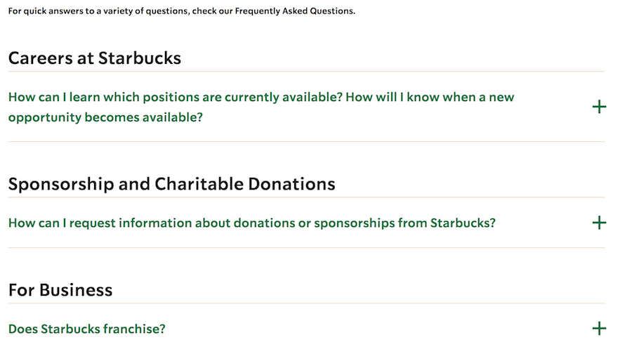 Starbucks FAQ page example screenshot