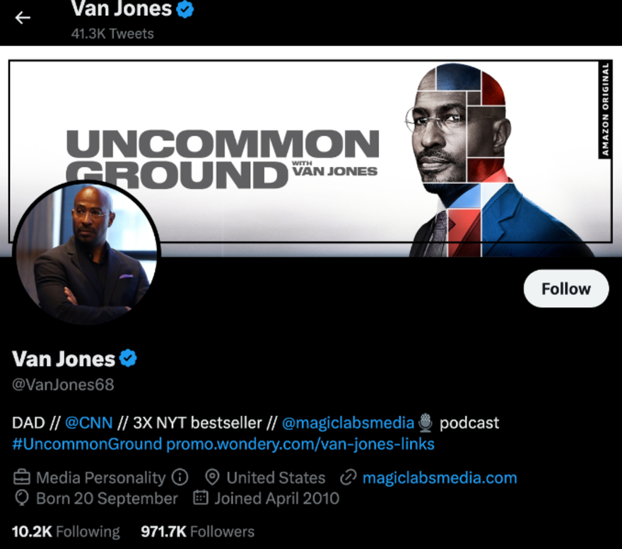 X/Twitter bio page for Van Jones