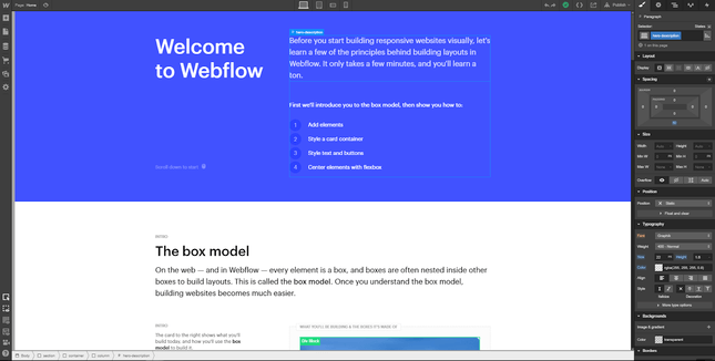 webflow editor split between blue and white with editing tools on the right