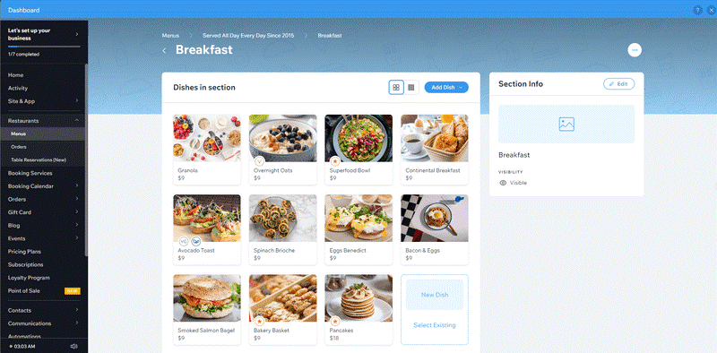 a mosaic of food menu options in wix's backend